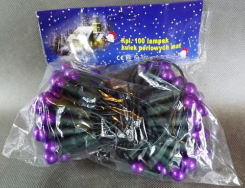 Komplet 100 Fioletowych Lamp Choinkowych-Kulek na Zielonym Kablu, 220V-240V, 6m Długość, Zasilanie Sieciowe