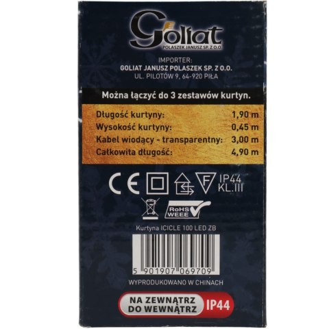 Kurtyna Świetlna LED Sople 100 Diód, Zimny Biały, 3m, 6W Energooszczędna, Zasilanie Sieciowe