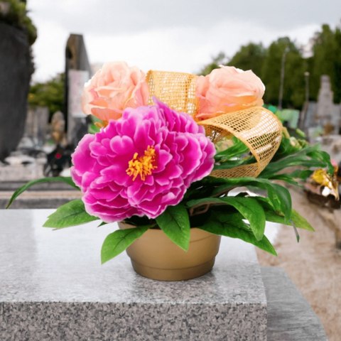 STROIK NAGROBNY Z PIWONIĄ I RÓŻAMI RÓŻOWY