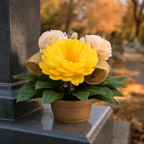 STROIK NAGROBNY Z PIWONIĄ I RÓŻAMI ŻÓŁTY