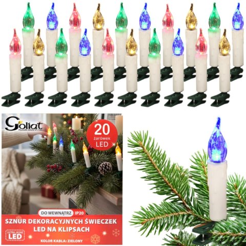 SZNUR DEKORACYJNYCH ŚWIECZEK NA KLIPSACH LAMPKI PRL 20 LED MULTIKOLOR
