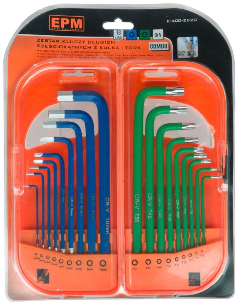 KOMPLET KLUCZY TRZPIENIOWYCH HEX I TORX DŁUGIE 18 SZTUK KOMPLET KLUCZY TRZPIENIOWYCH HEX I TORX DŁUGIE 18 SZTUK